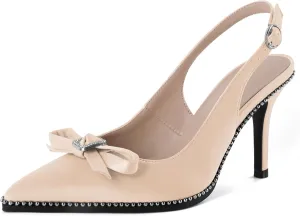 YODEKS Women's Slingback Heels Rhinestone Beaded Pointed Toe Stiletto High Heels Pumps 3.5 Inch Satin Shoes US US Size 5-13