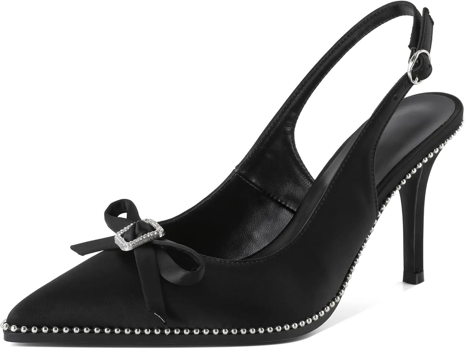 YODEKS Women's Slingback Heels Rhinestone Beaded Pointed Toe Stiletto High Heels Pumps 3.5 Inch Satin Shoes US US Size 5-13