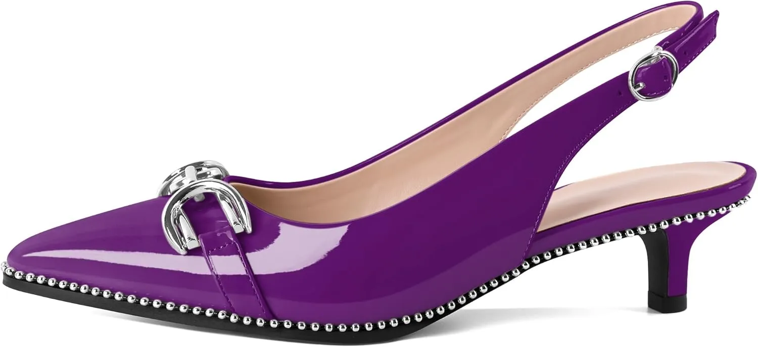 YODEKS Women's Slingback Kitten Heels Pointed Toe Low Heel Beaded Pumps 1.5 Inch Metal Buckle Shoes Size 5-13