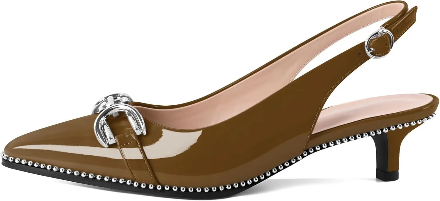 YODEKS Women's Slingback Kitten Heels Pointed Toe Low Heel Beaded Pumps 1.5 Inch Metal Buckle Shoes Size 5-13