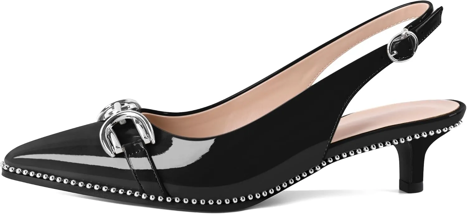 YODEKS Women's Slingback Kitten Heels Pointed Toe Low Heel Beaded Pumps 1.5 Inch Metal Buckle Shoes Size 5-13