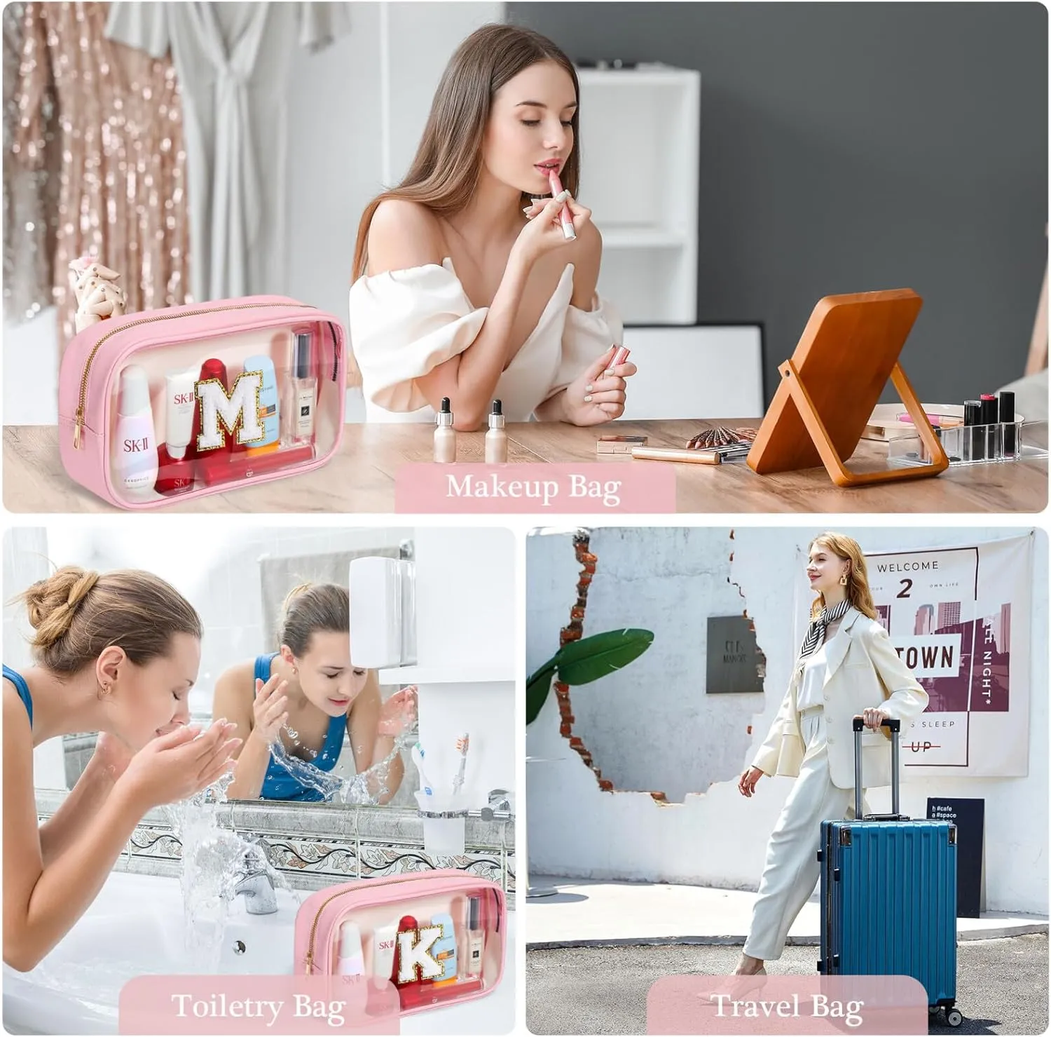 YOOLIFE Initial Make Up Bag Travel Toiletry Bag, Clear Makeup Bag Preppy Cosmetic Bags Organizer Travel Essentials Pink Gifts for Women Teen Girlfriend Teacher Mom Birthday Mothers Day Gifts E
