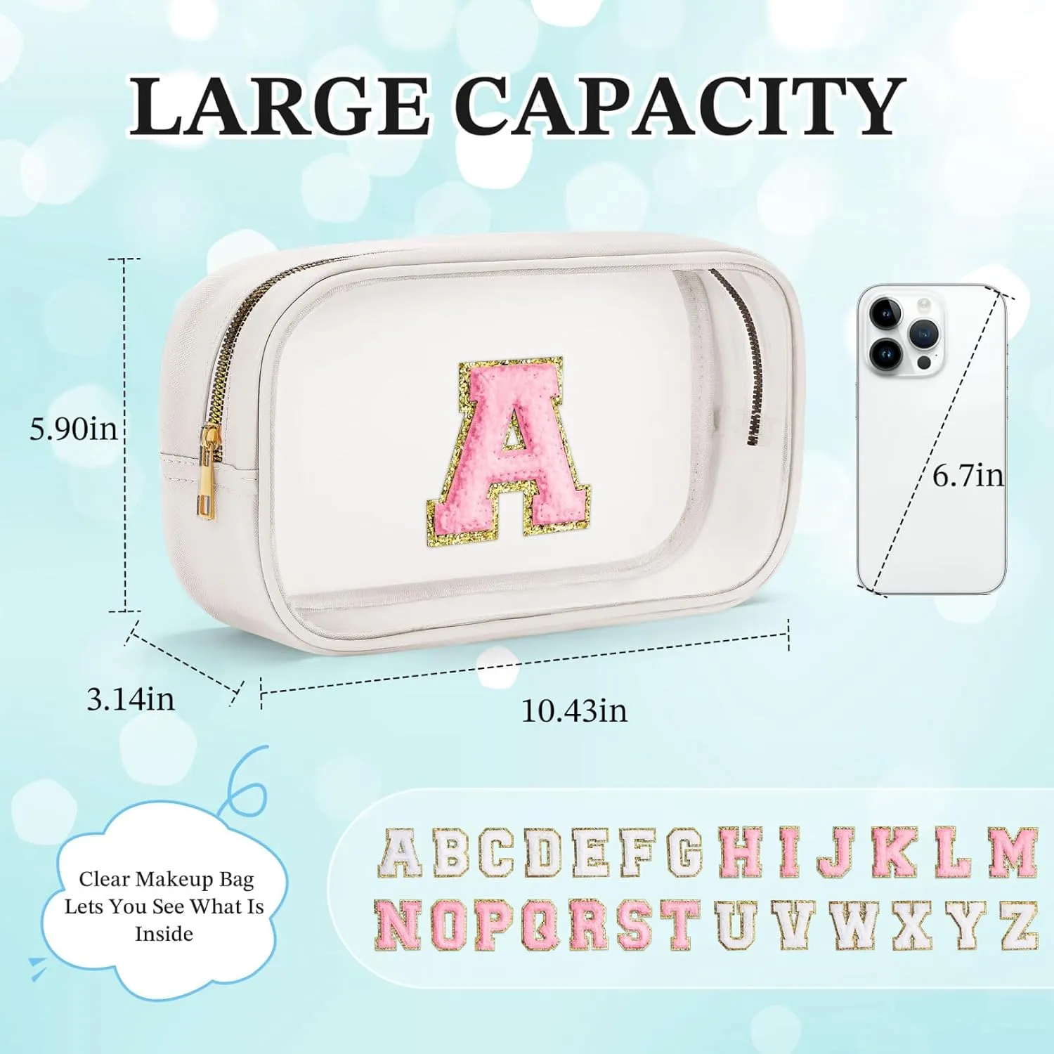 YOOLIFE Initial Travel Makeup Bag Pouch, Clear Toiletry Bag for Women Travel Accessories Cosmetic Bag Skin Care for Teen Make Up Bags Birthday Gifts for Women Unique Teacher Mom Friends Gifts White B