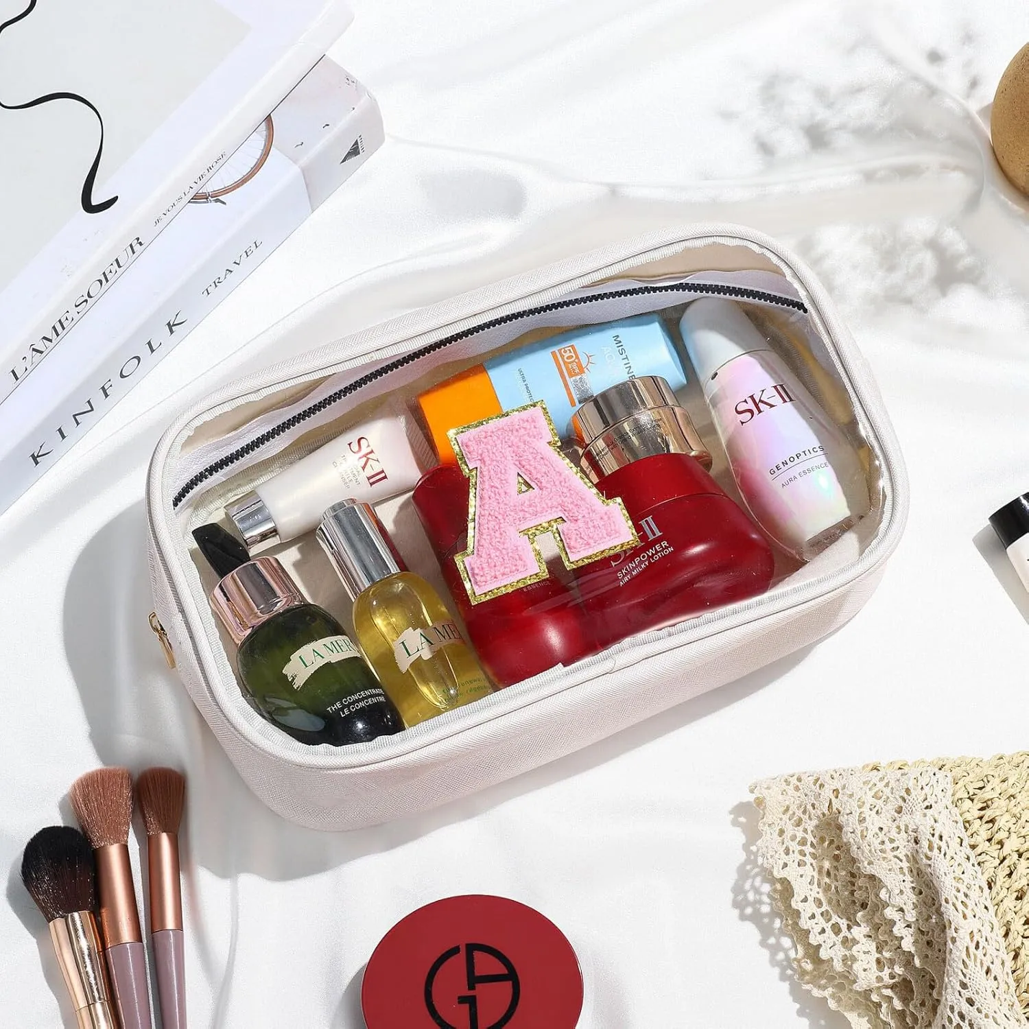 YOOLIFE Initial Travel Makeup Bag Pouch, Clear Toiletry Bag for Women Travel Accessories Cosmetic Bag Skin Care for Teen Make Up Bags Birthday Gifts for Women Unique Teacher Mom Friends Gifts White B