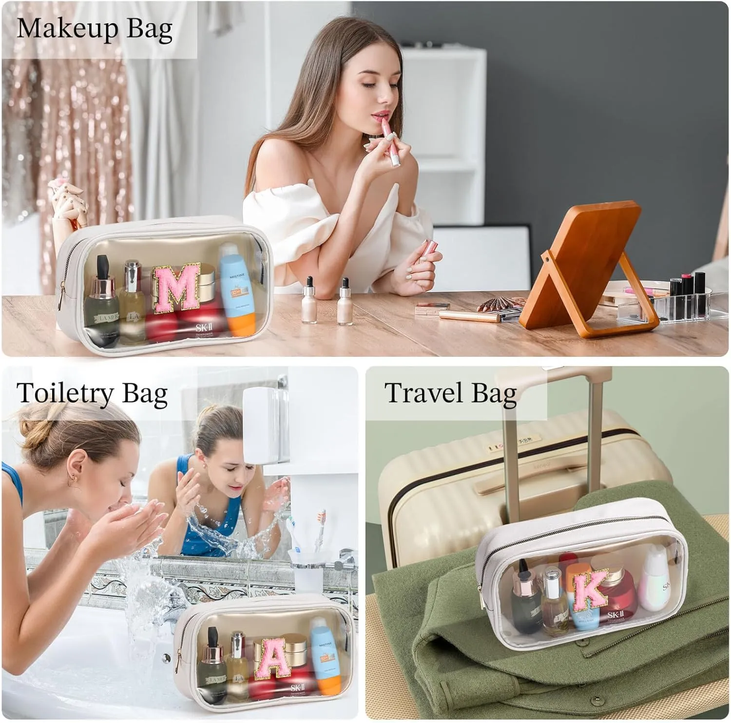 YOOLIFE Initial Travel Makeup Bag Pouch, Clear Toiletry Bag for Women Travel Accessories Cosmetic Bag Skin Care for Teen Make Up Bags Birthday Gifts for Women Unique Teacher Mom Friends Gifts White B