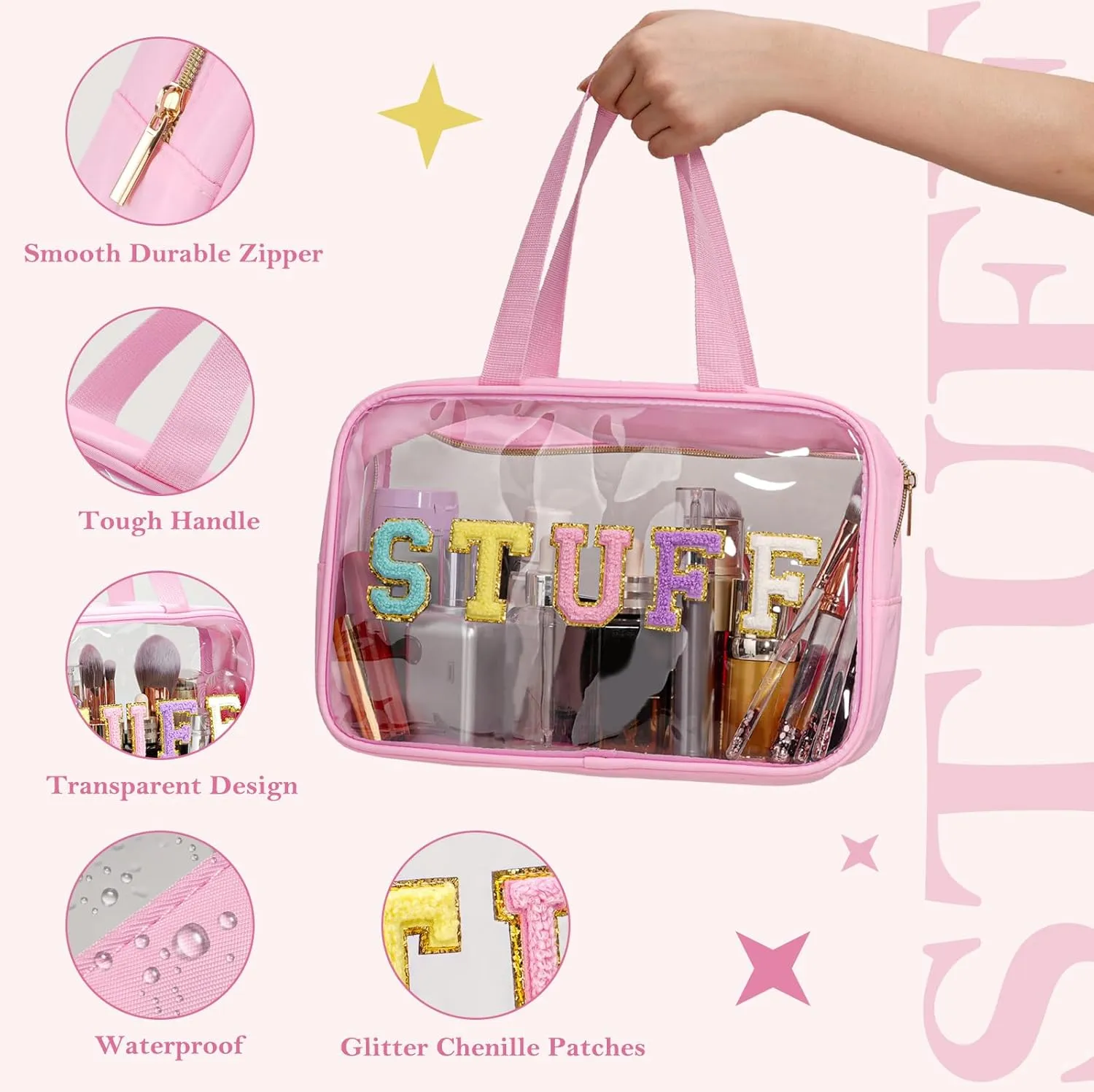 Yowivon Clear Stuff Tote Bag Pink Big Travel Cosmetic Makeup Toiletry Bag with Handle and Zipper, Transparent Waterproof Beach Sunscreen Bag Stadium Concert Bag Snack Bags for Women