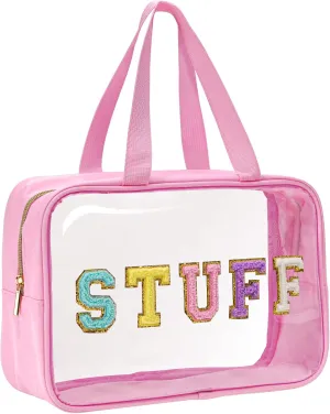 Yowivon Clear Stuff Tote Bag Pink Big Travel Cosmetic Makeup Toiletry Bag with Handle and Zipper, Transparent Waterproof Beach Sunscreen Bag Stadium Concert Bag Snack Bags for Women