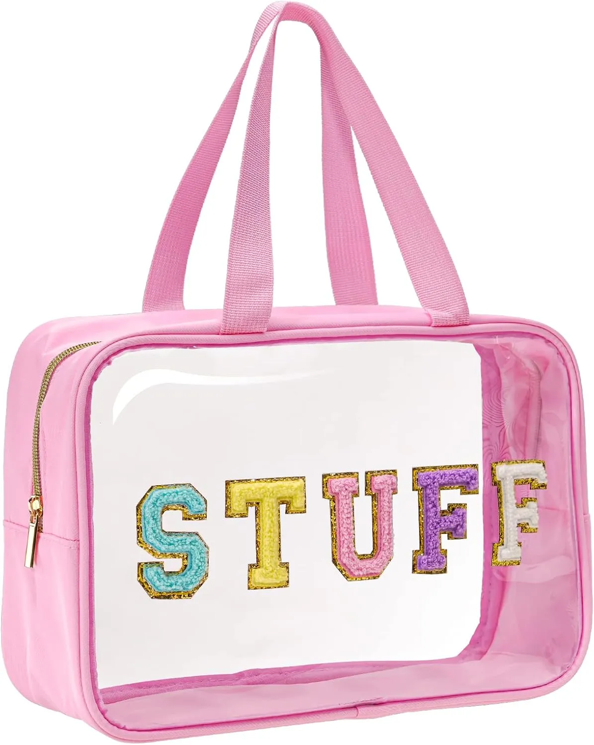 Yowivon Clear Stuff Tote Bag Pink Big Travel Cosmetic Makeup Toiletry Bag with Handle and Zipper, Transparent Waterproof Beach Sunscreen Bag Stadium Concert Bag Snack Bags for Women