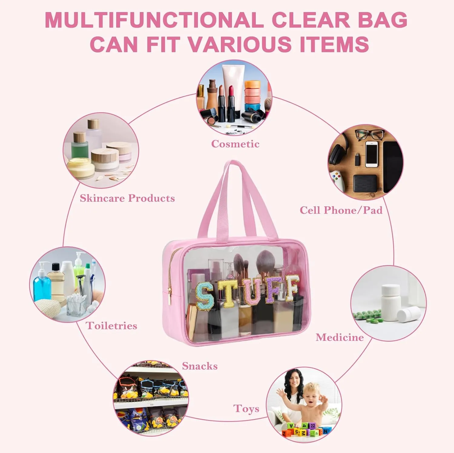 Yowivon Clear Stuff Tote Bag Pink Big Travel Cosmetic Makeup Toiletry Bag with Handle and Zipper, Transparent Waterproof Beach Sunscreen Bag Stadium Concert Bag Snack Bags for Women