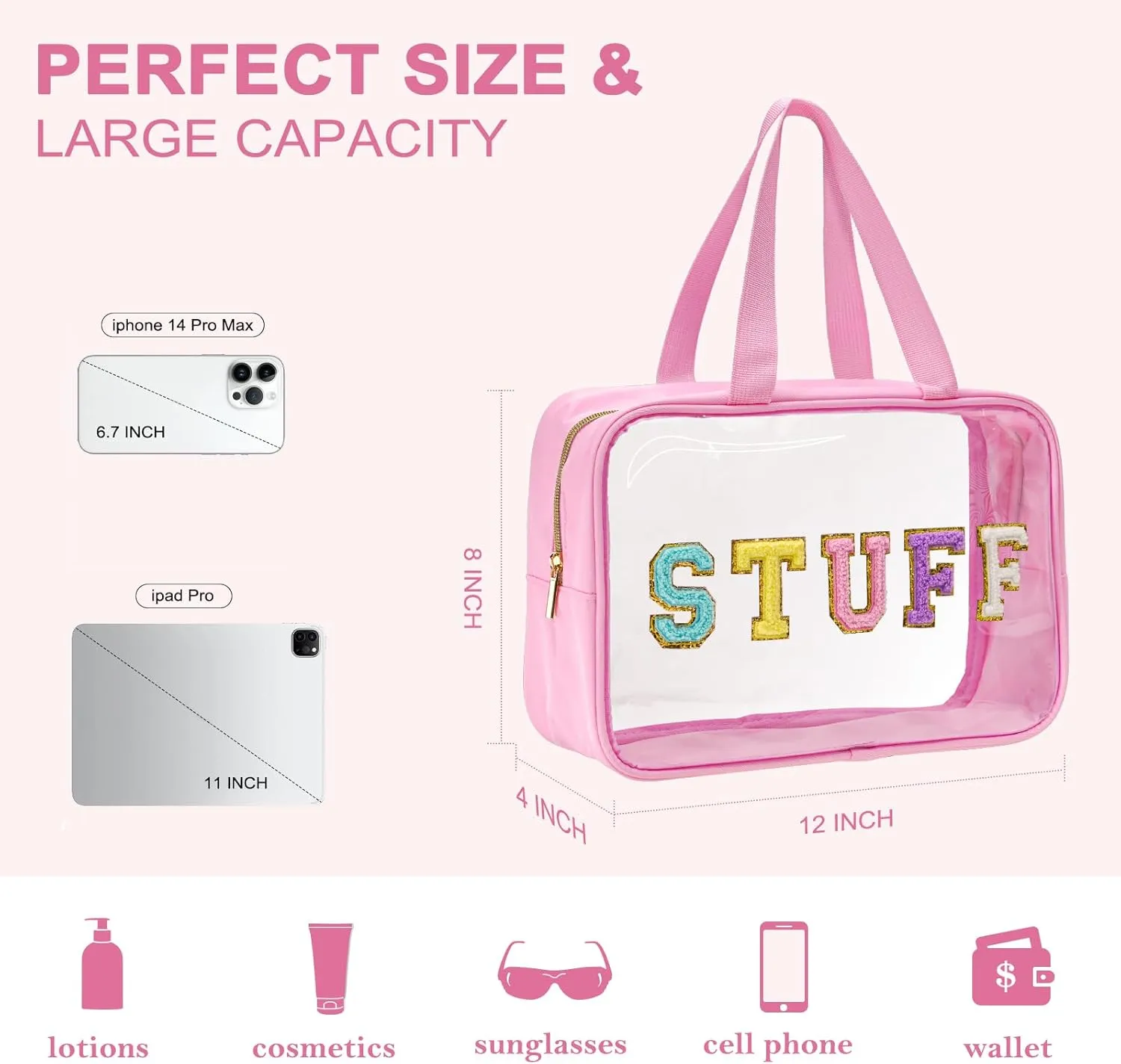 Yowivon Clear Stuff Tote Bag Pink Big Travel Cosmetic Makeup Toiletry Bag with Handle and Zipper, Transparent Waterproof Beach Sunscreen Bag Stadium Concert Bag Snack Bags for Women