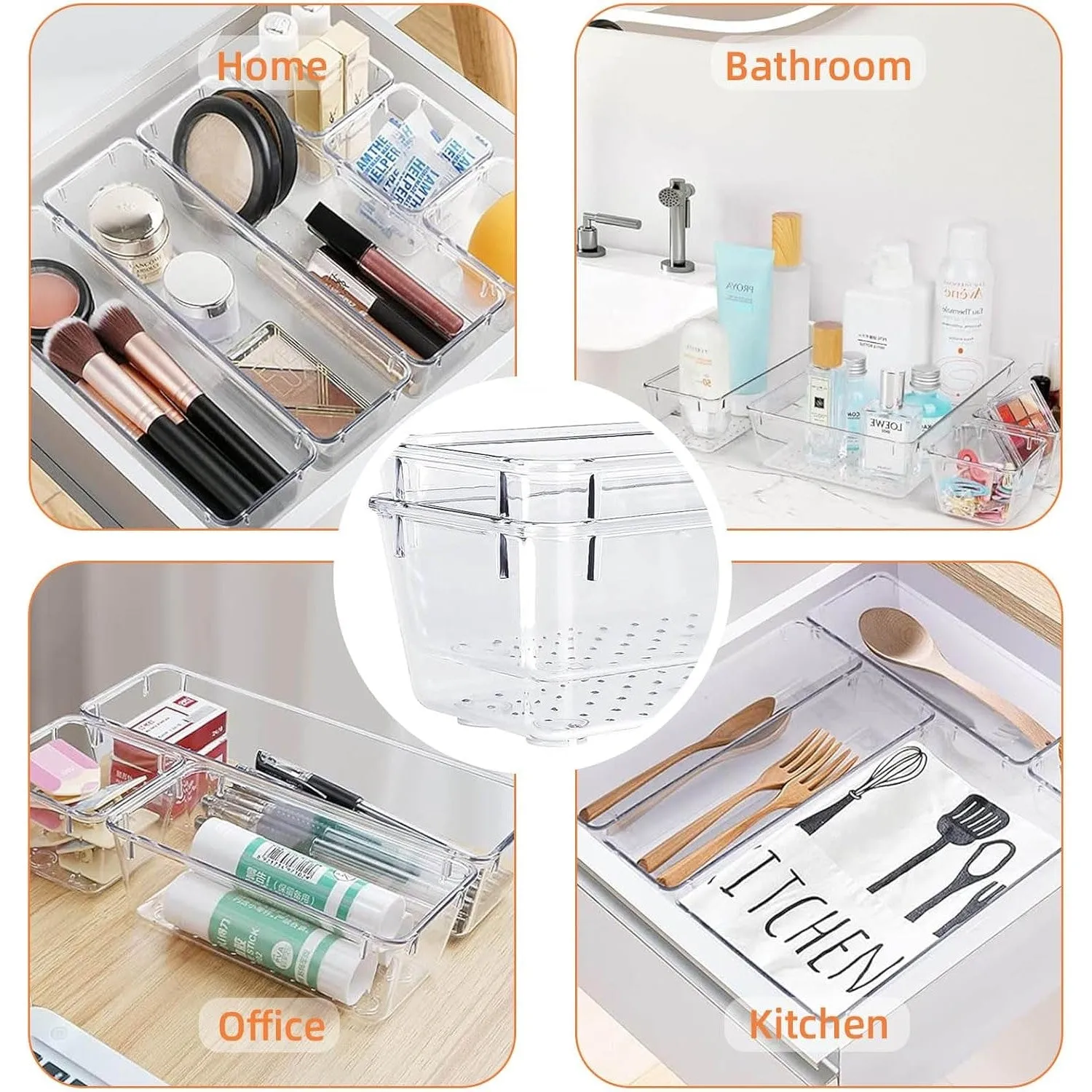 YumLock Drawer Organizer Set, 16-Piece Acrylic Storage Bins - Multi-Sized Bathroom & Vanity Trays for Makeup, Jewelry, Socks & Bras - Durable, Stackable & Non-Slip Organizers, Clear