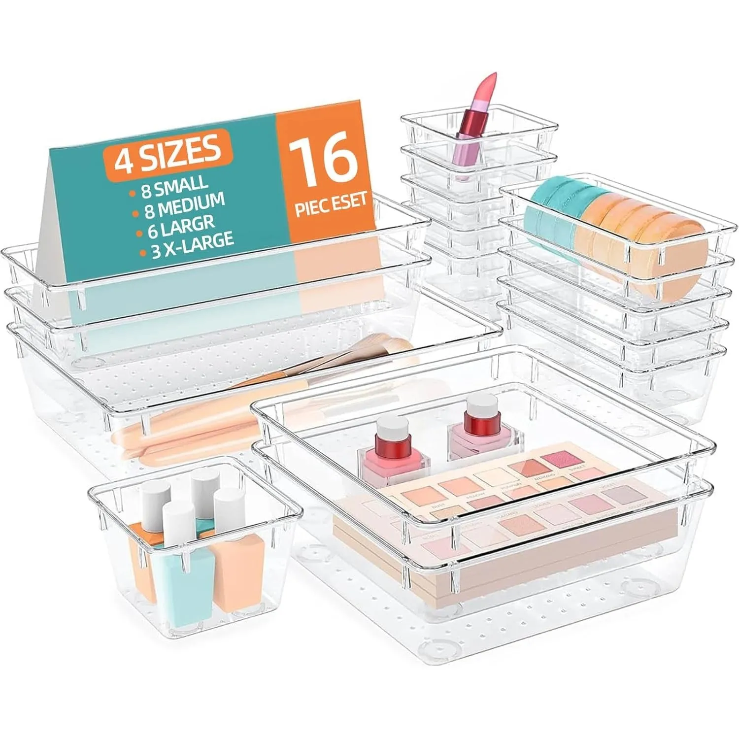 YumLock Drawer Organizer Set, 16-Piece Acrylic Storage Bins - Multi-Sized Bathroom & Vanity Trays for Makeup, Jewelry, Socks & Bras - Durable, Stackable & Non-Slip Organizers, Clear