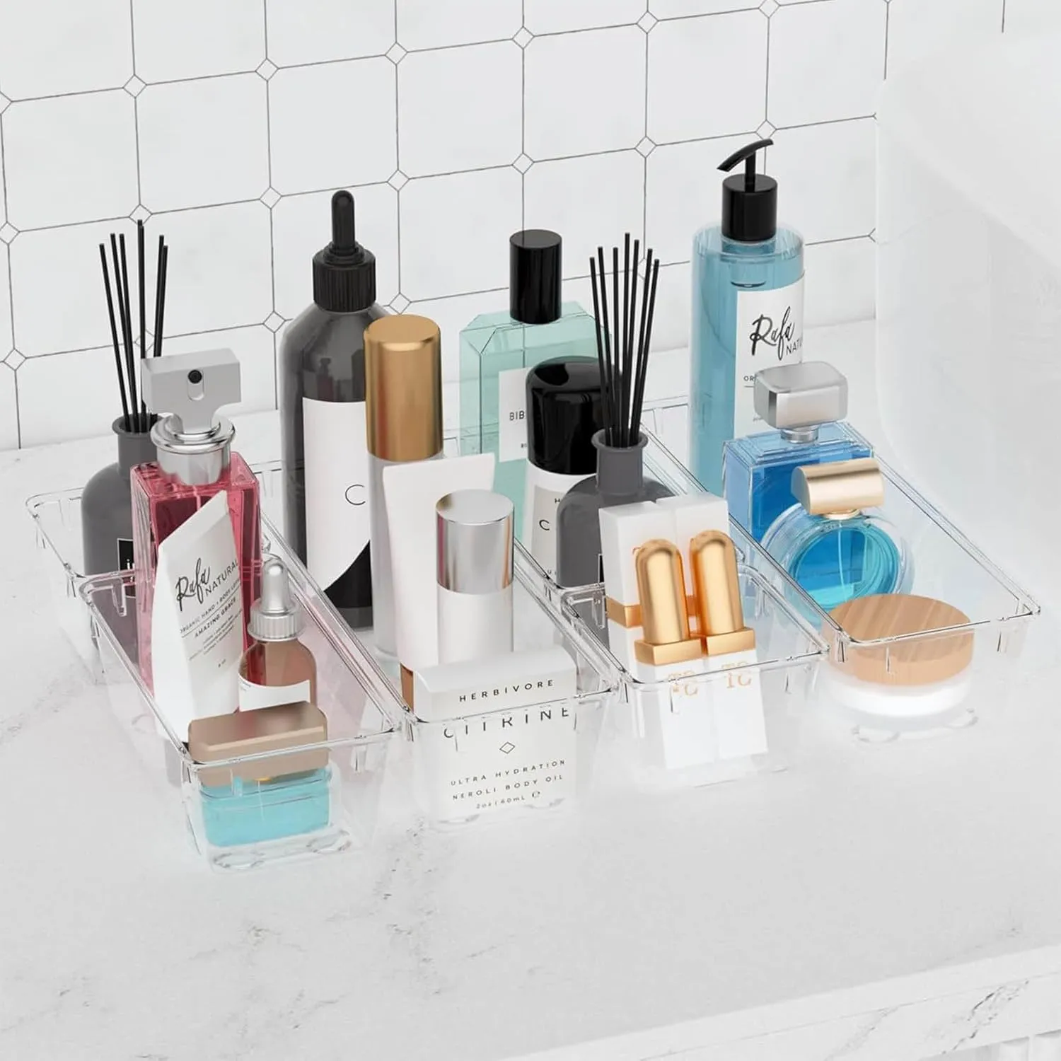 YumLock Drawer Organizer Set, 16-Piece Acrylic Storage Bins - Multi-Sized Bathroom & Vanity Trays for Makeup, Jewelry, Socks & Bras - Durable, Stackable & Non-Slip Organizers, Clear