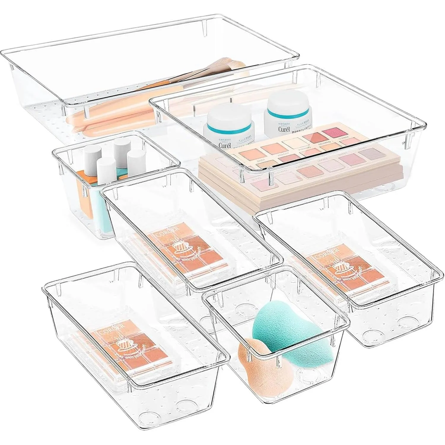 YumLock Drawer Organizer Set, 16-Piece Acrylic Storage Bins - Multi-Sized Bathroom & Vanity Trays for Makeup, Jewelry, Socks & Bras - Durable, Stackable & Non-Slip Organizers, Clear