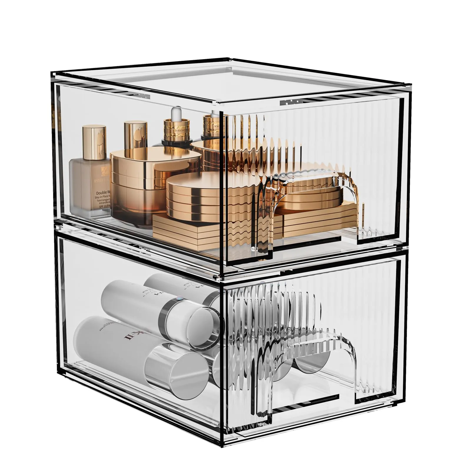 ZHIAI 2 Pack Clear Stackable Cosmetic Organizer, Acrylic Drawer, Plastic Organizer for Dresser, Vanity, Kitchen Cabinet, Pantry, Home Organization and Storage