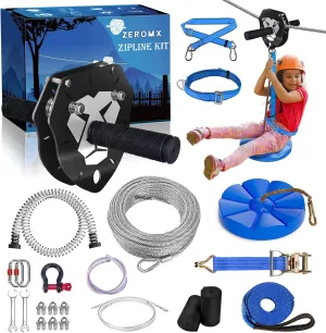 Zip Line Kit 120ft 150ft for Kids Adults Up to 380lb – Removable Lion Trolley, 6.5ft Spring Brake, Upgraded Ratchet System, Safety Harness, Tree Protectors, Seat – Outdoor Backyard Zipline Set