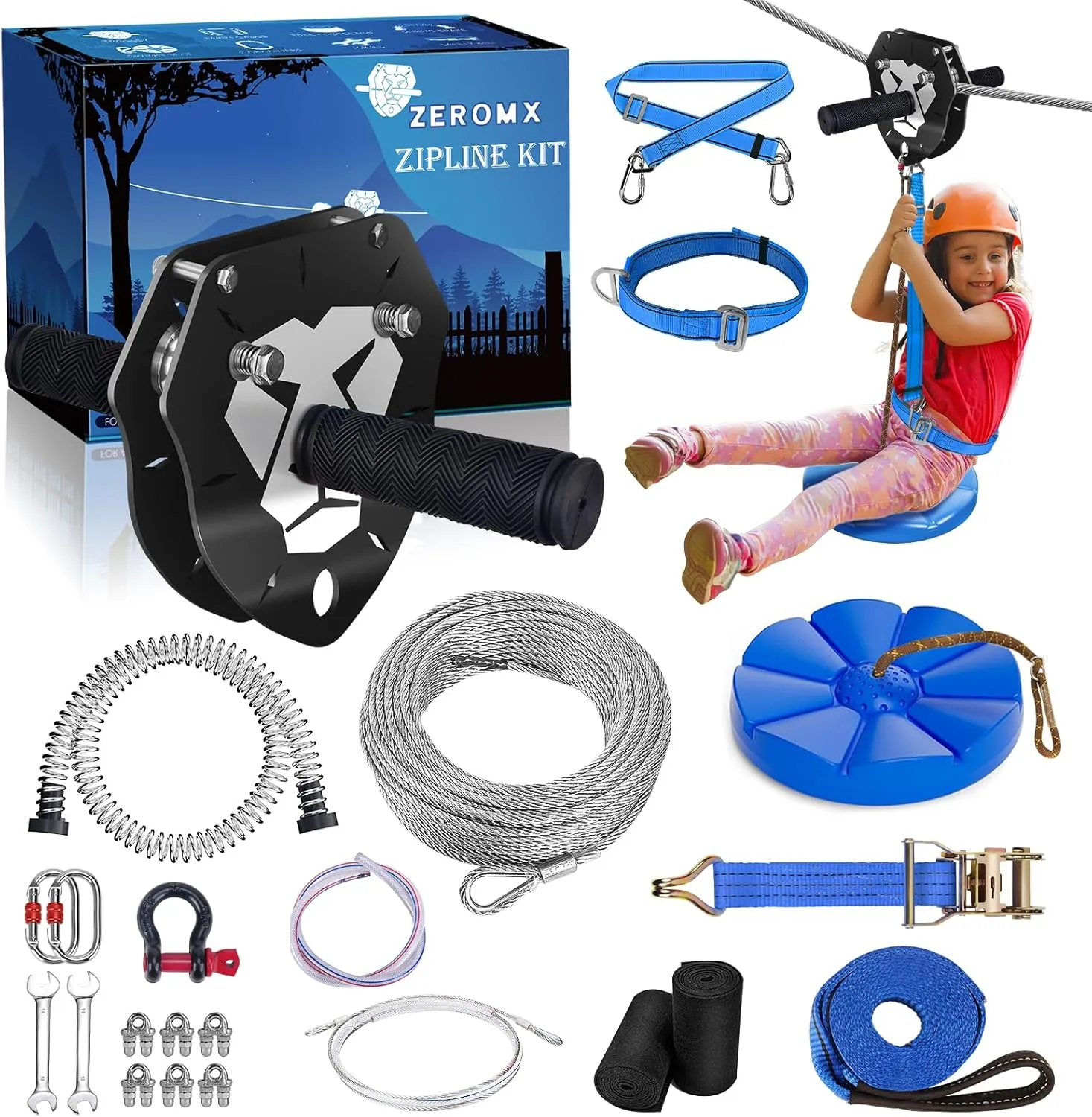 Zip Line Kit 120ft 150ft for Kids Adults Up to 380lb – Removable Lion Trolley, 6.5ft Spring Brake, Upgraded Ratchet System, Safety Harness, Tree Protectors, Seat – Outdoor Backyard Zipline Set
