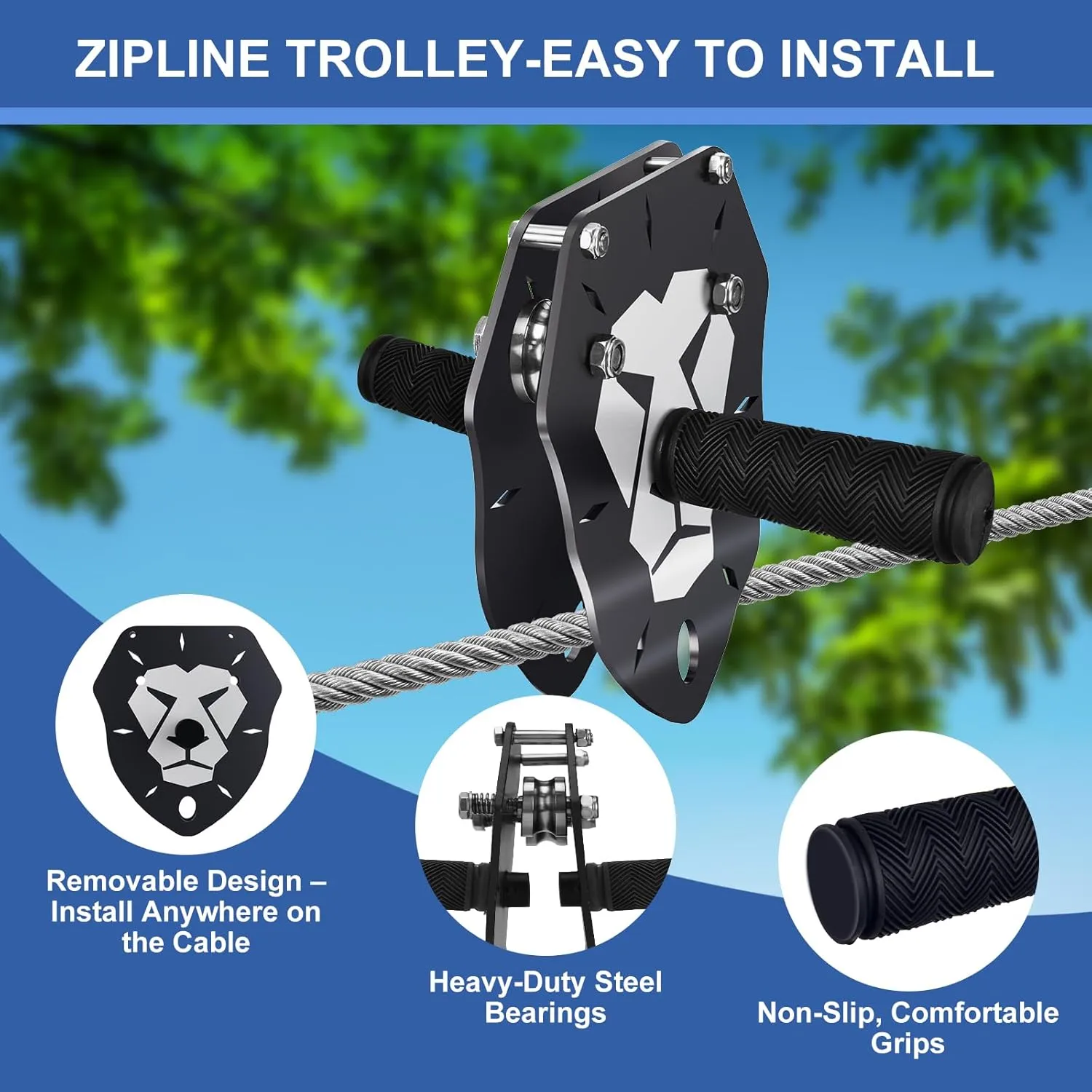 Zip Line Kit 120ft 150ft for Kids Adults Up to 380lb – Removable Lion Trolley, 6.5ft Spring Brake, Upgraded Ratchet System, Safety Harness, Tree Protectors, Seat – Outdoor Backyard Zipline Set