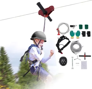 Zip line Kits for Backyard 120FT, Kids Zipline Kit for Children and Teens Up to 330lb with Stainless Steel Ziplines Spring Brake and Safety Harness (120FT, w/Helmet)