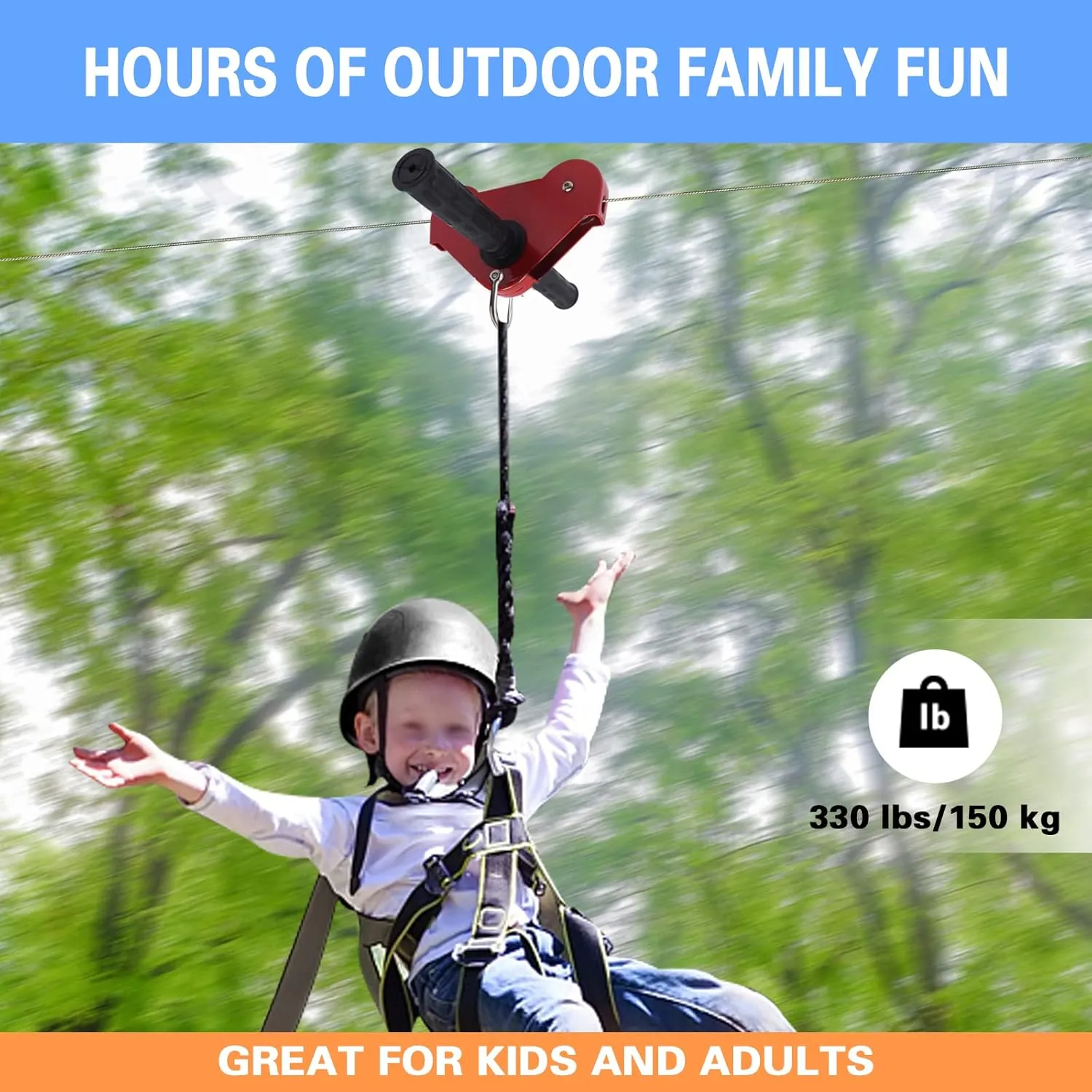 Zip line Kits for Backyard 120FT, Kids Zipline Kit for Children and Teens Up to 330lb with Stainless Steel Ziplines Spring Brake and Safety Harness (120FT, w/Helmet)