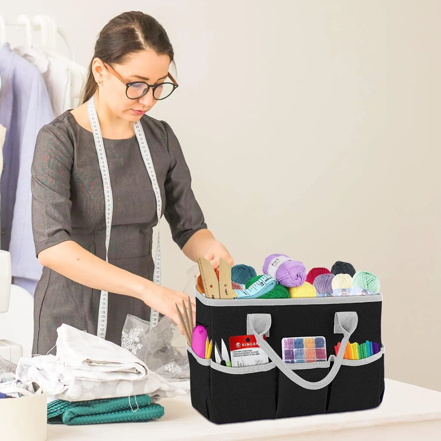 ZKOO Art Supply Storage Organizer Caddy, Craft Tote Bags With Pockets for Scrapbook Organization and Storage Supplies, Portable Office Organizer (Black, Small)