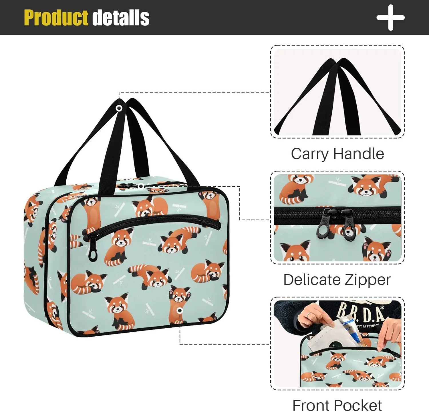 ZZKKO Toiletry Bags for Traveling Women Cute Red Panda Cyan Toiletry Bag with Hanging Hook Makeup Bag Travel Cosmetic Bag Travel Organizer for Accessories Toiletries Large