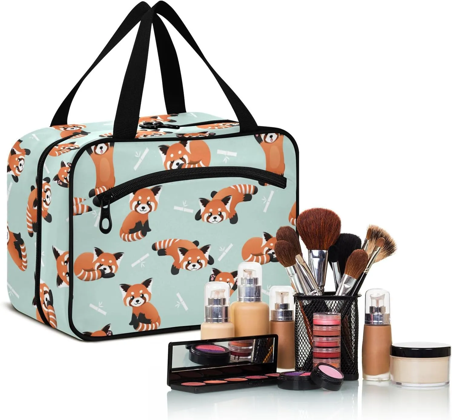 ZZKKO Toiletry Bags for Traveling Women Cute Red Panda Cyan Toiletry Bag with Hanging Hook Makeup Bag Travel Cosmetic Bag Travel Organizer for Accessories Toiletries Large