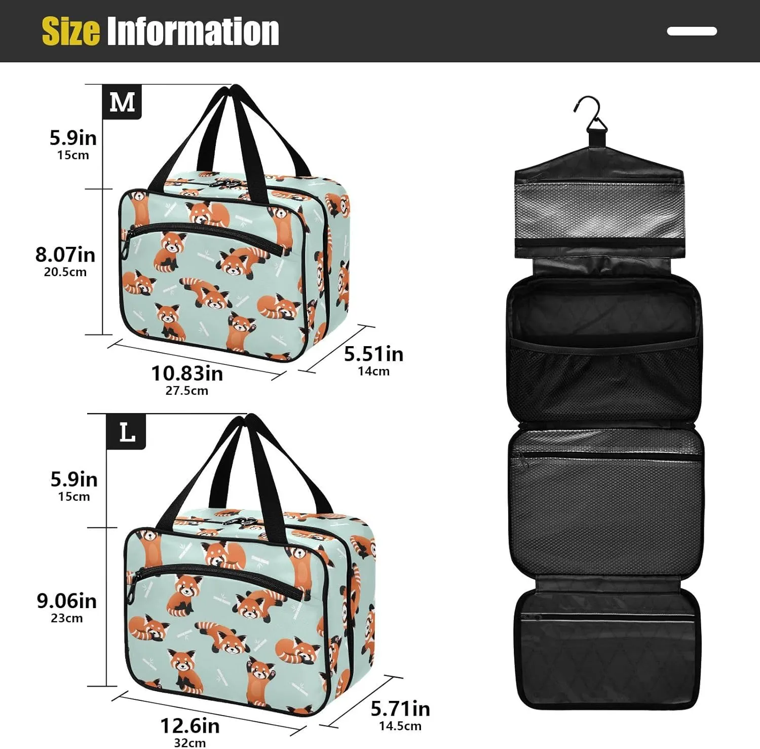 ZZKKO Toiletry Bags for Traveling Women Cute Red Panda Cyan Toiletry Bag with Hanging Hook Makeup Bag Travel Cosmetic Bag Travel Organizer for Accessories Toiletries Large