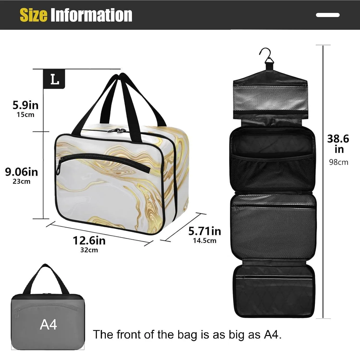 ZZKKO Toiletry Bags for Traveling Women Luxury Gold Marble Toiletry Bag with Hanging Hook Makeup Bag Travel Cosmetic Bag Travel Organizer for Accessories Toiletries Large