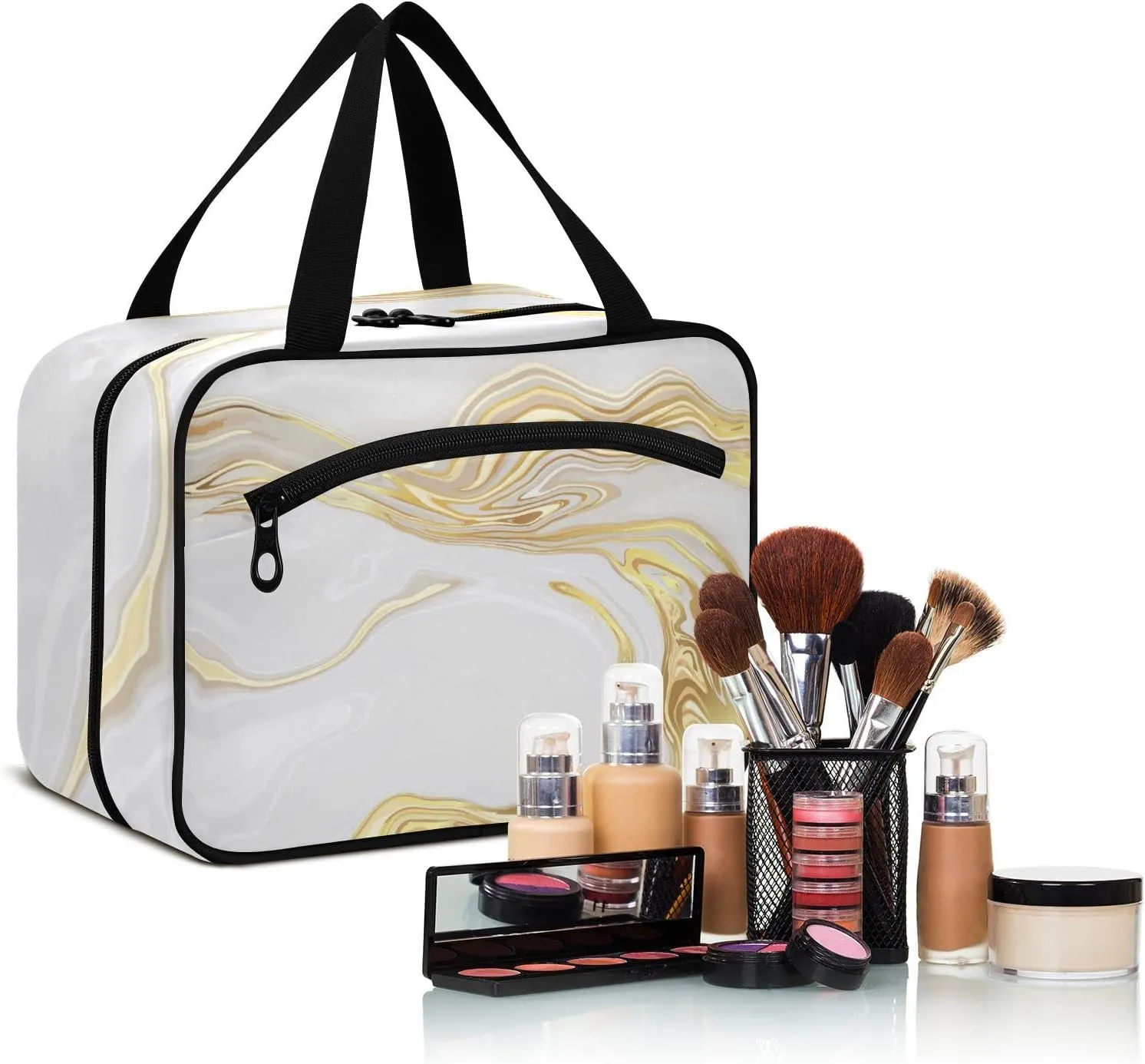 ZZKKO Toiletry Bags for Traveling Women Luxury Gold Marble Toiletry Bag with Hanging Hook Makeup Bag Travel Cosmetic Bag Travel Organizer for Accessories Toiletries Large
