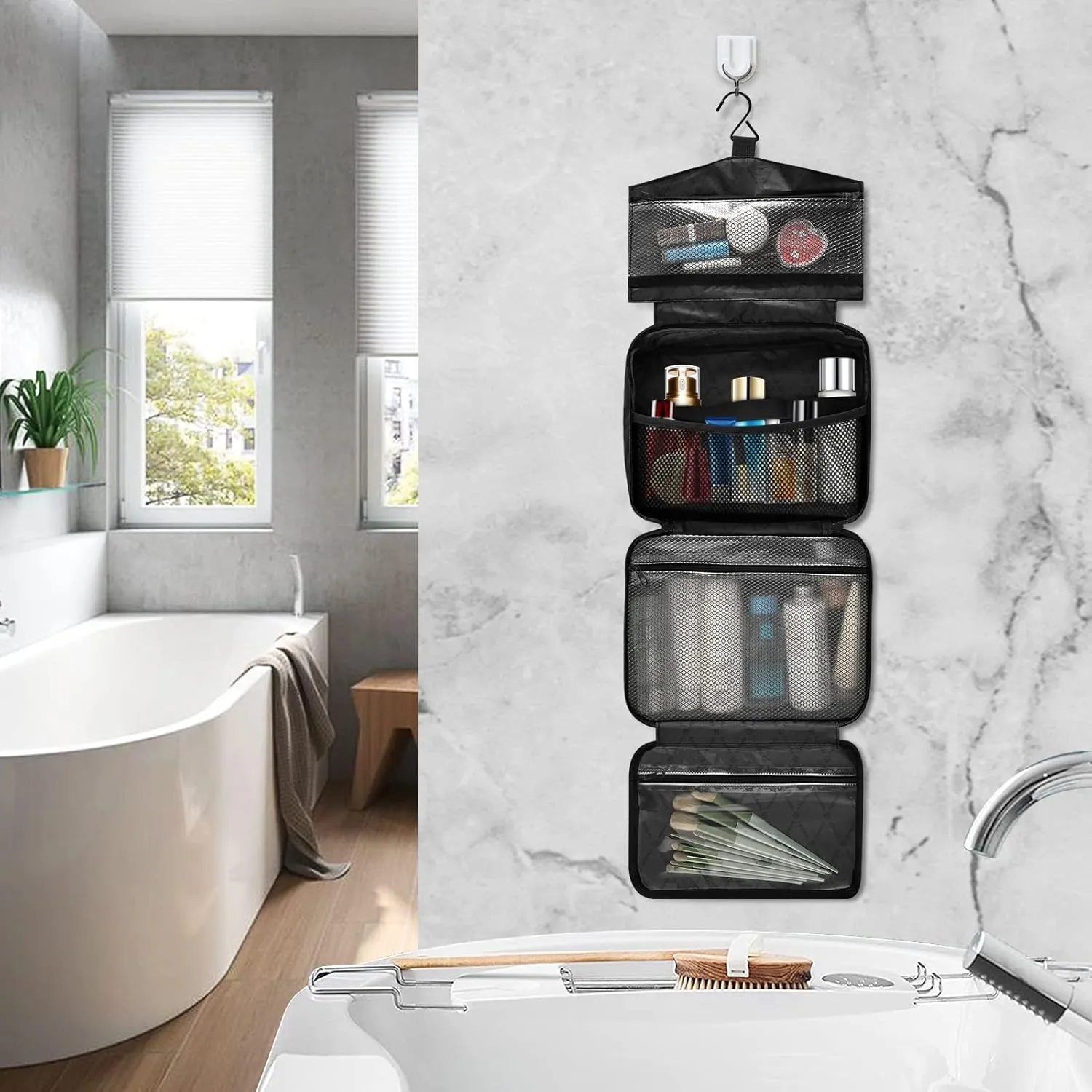 ZZKKO Toiletry Bags for Traveling Women Luxury Gold Marble Toiletry Bag with Hanging Hook Makeup Bag Travel Cosmetic Bag Travel Organizer for Accessories Toiletries Large