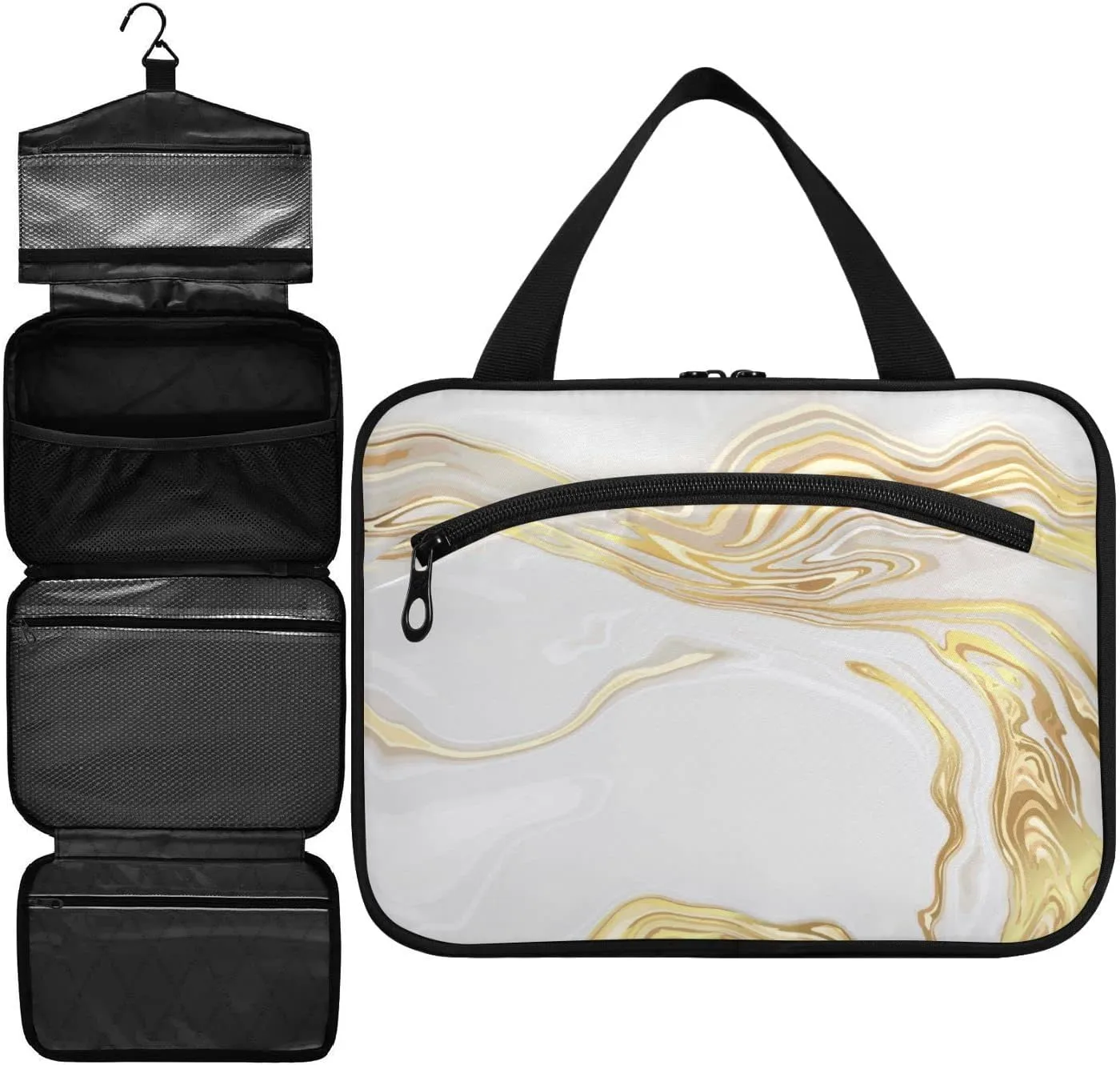 ZZKKO Toiletry Bags for Traveling Women Luxury Gold Marble Toiletry Bag with Hanging Hook Makeup Bag Travel Cosmetic Bag Travel Organizer for Accessories Toiletries Large