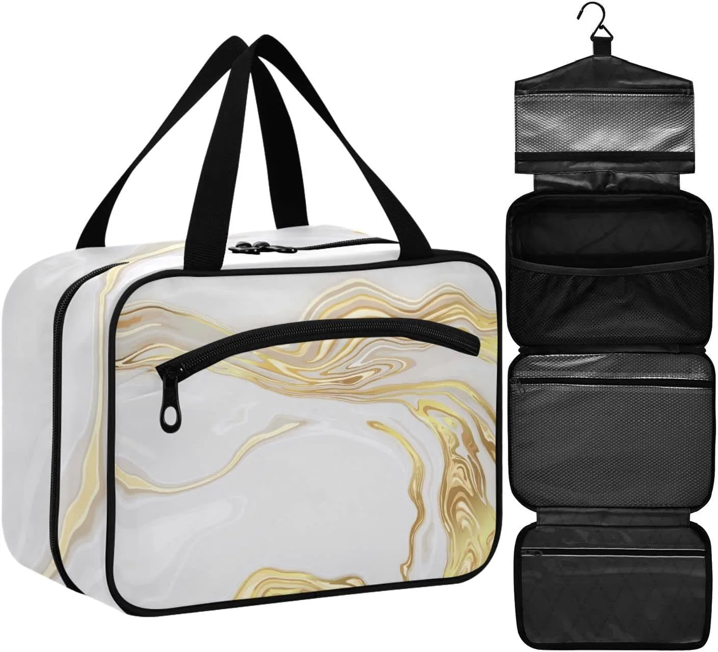 ZZKKO Toiletry Bags for Traveling Women Luxury Gold Marble Toiletry Bag with Hanging Hook Makeup Bag Travel Cosmetic Bag Travel Organizer for Accessories Toiletries Large