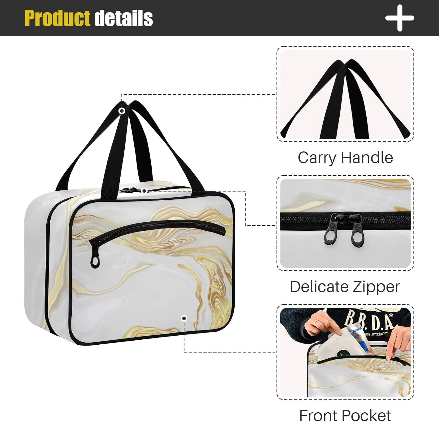 ZZKKO Toiletry Bags for Traveling Women Luxury Gold Marble Toiletry Bag with Hanging Hook Makeup Bag Travel Cosmetic Bag Travel Organizer for Accessories Toiletries Large
